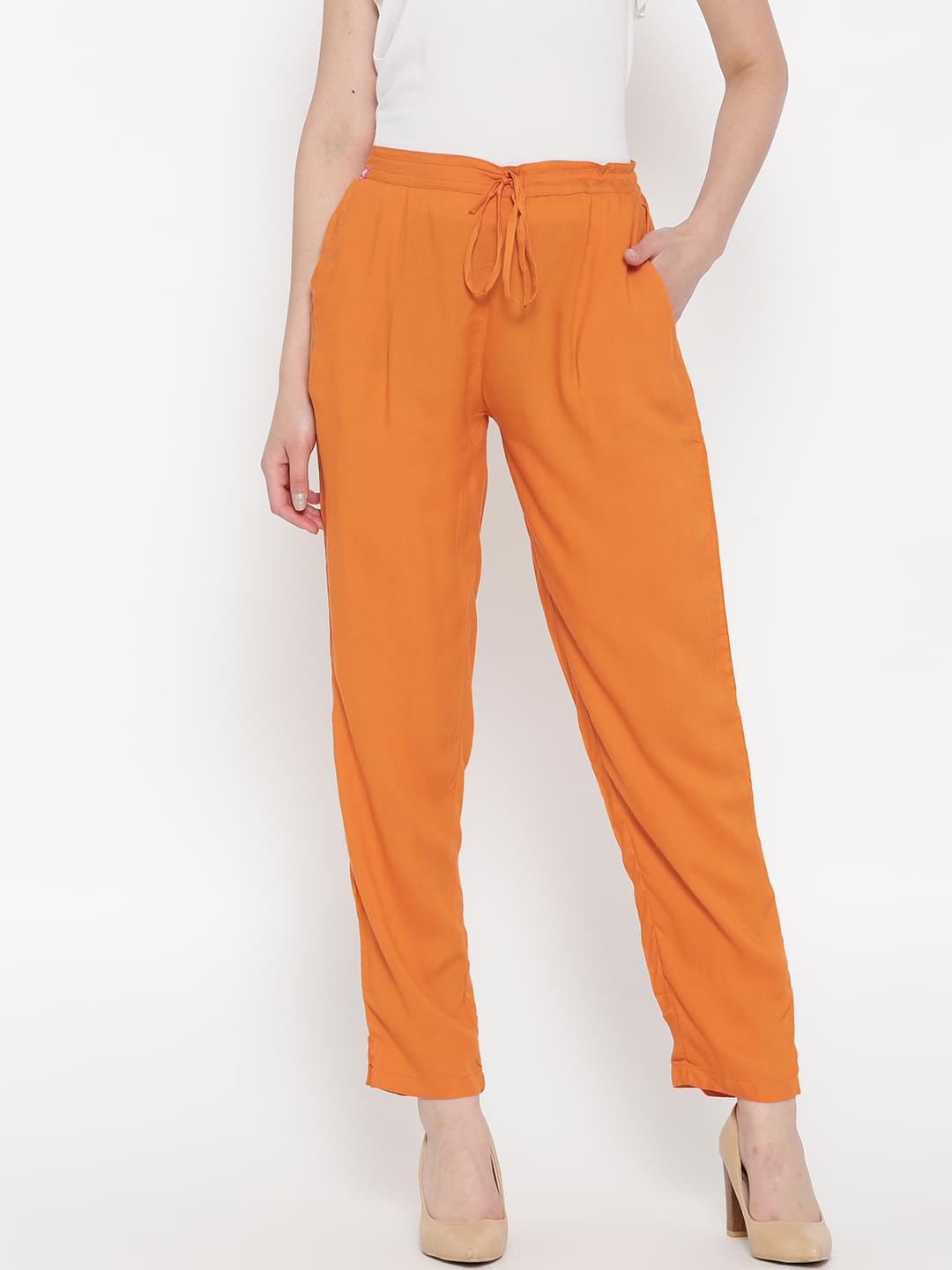 Women Orange Rayon Solid Trouser.
