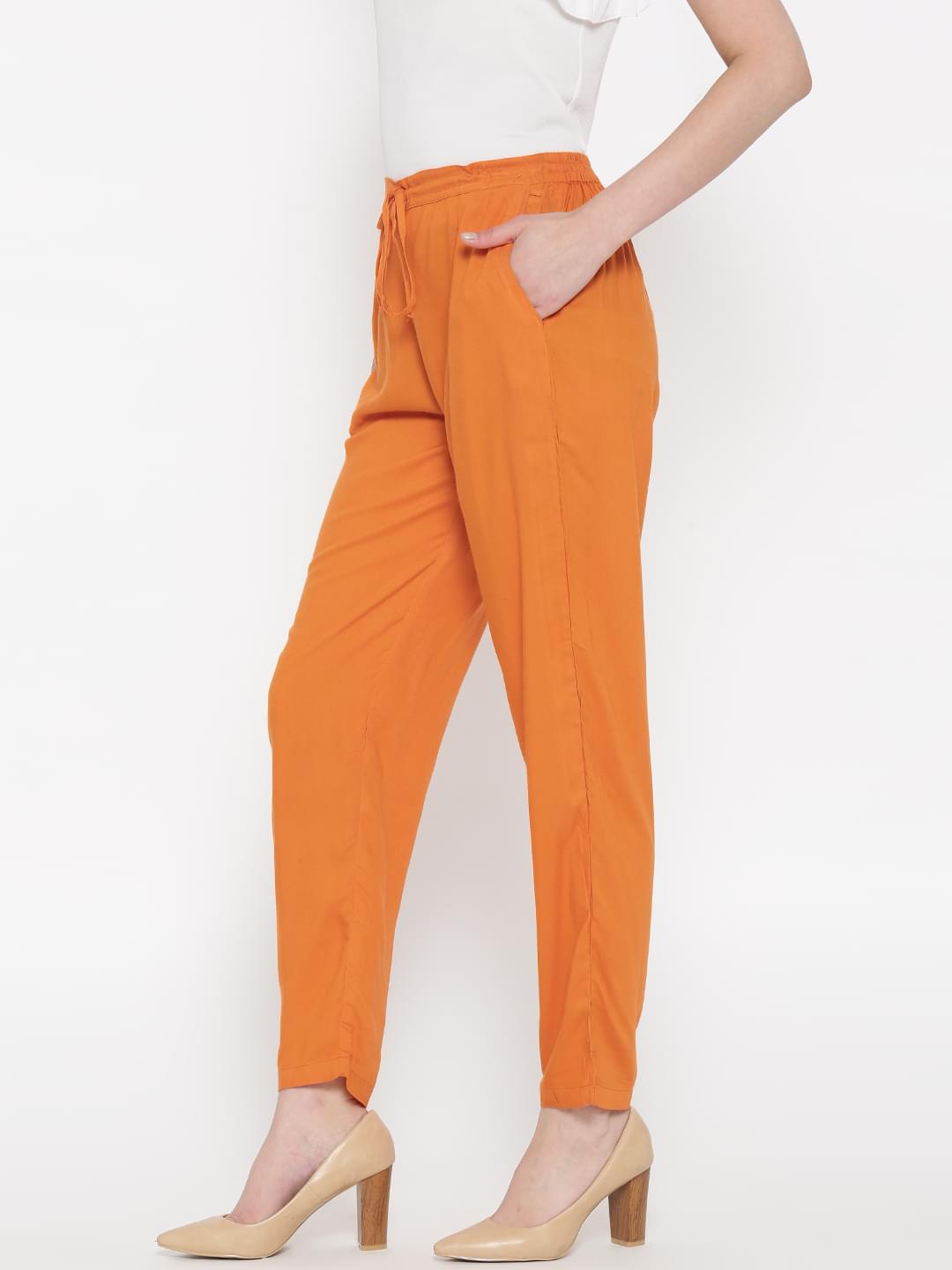 Women Orange Rayon Solid Trouser.