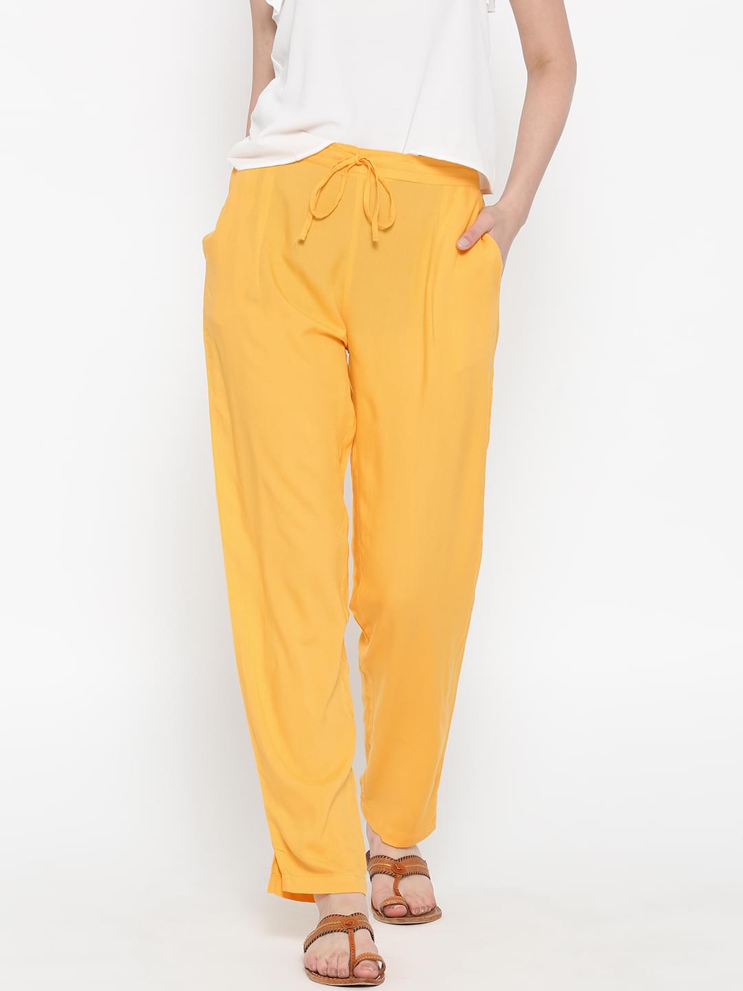 Women Yellow Rayon Solid Trouser.