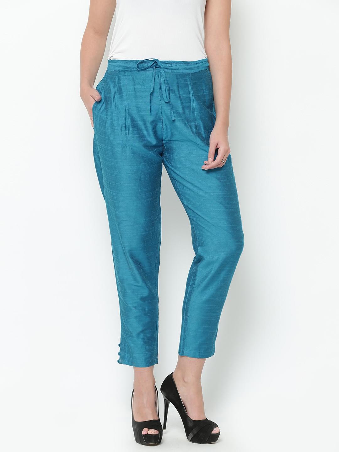 Women Turquoise Dupion Solid Trouser.