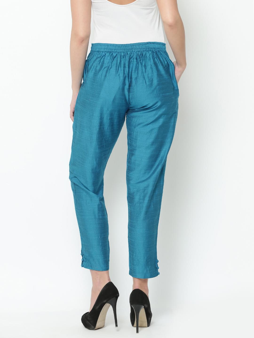 Women Turquoise Dupion Solid Trouser.