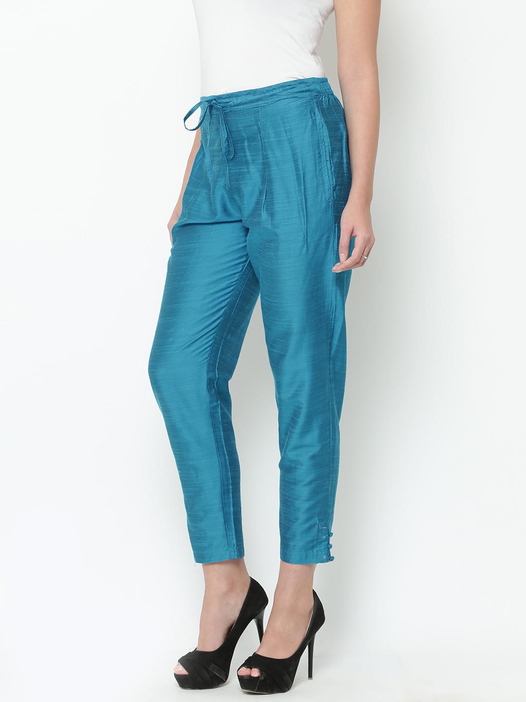 Women Turquoise Dupion Solid Trouser.