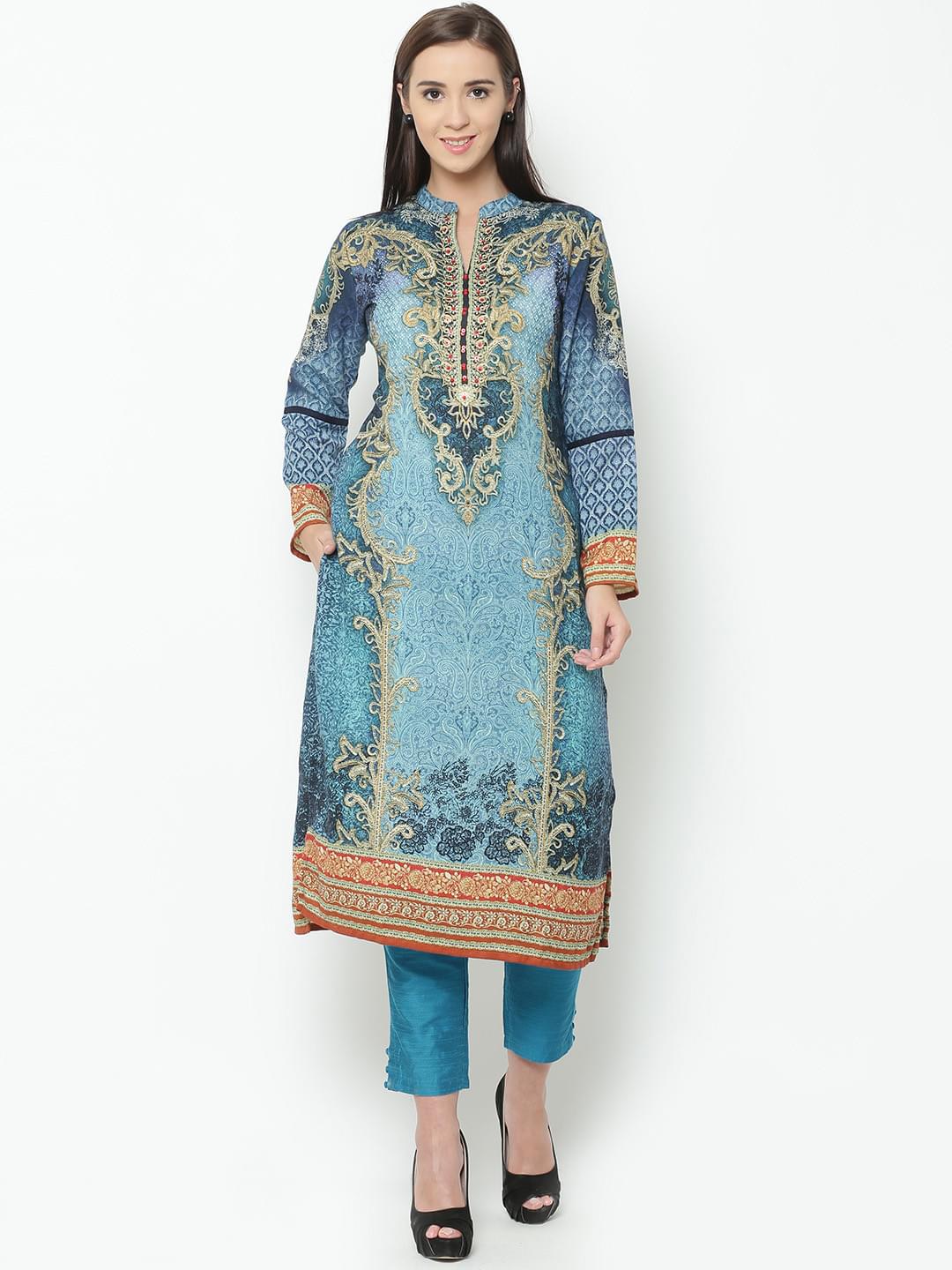 Women Turquoise Dupion Solid Trouser.