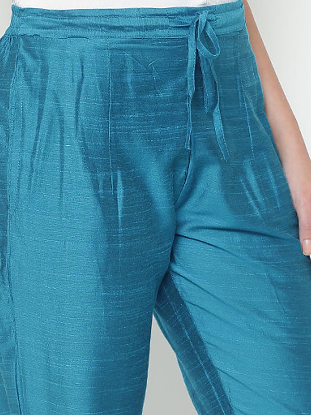 Women Turquoise Dupion Solid Trouser.
