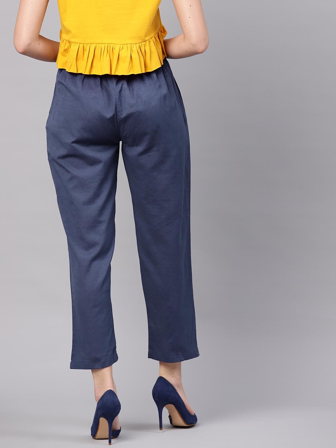 Women Blue Cotton Solid Summer Trouser.