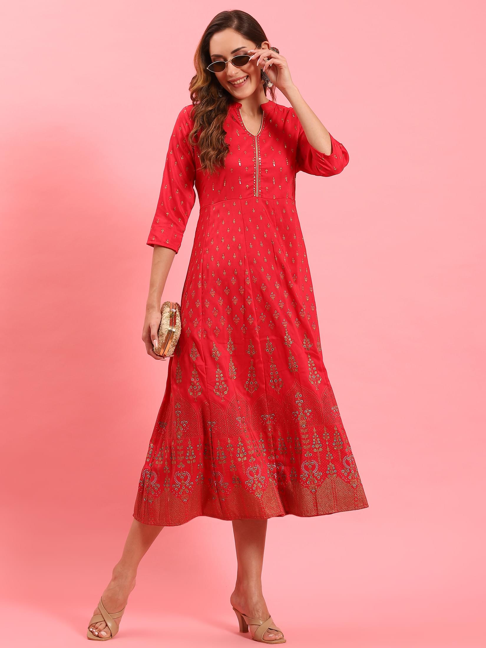 Women Fuchsia Ornamental Printed Dress.