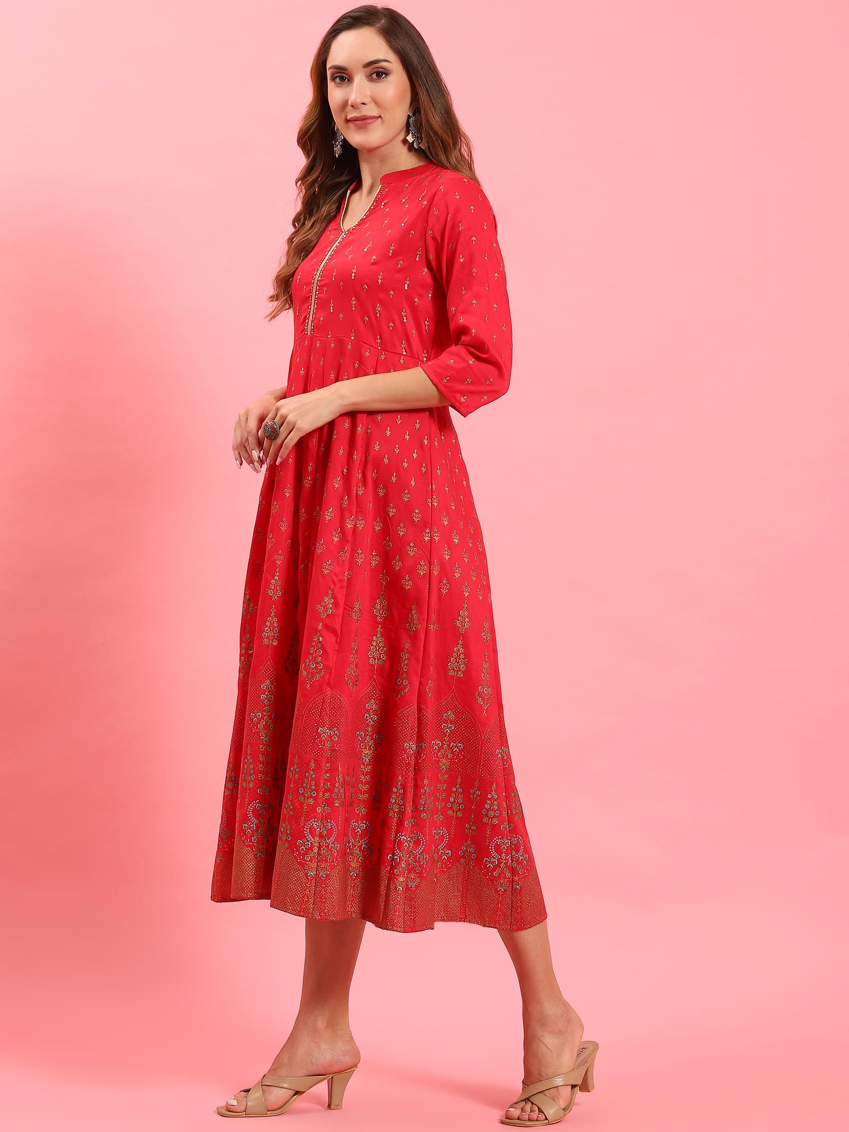 Women Fuchsia Ornamental Printed Dress.