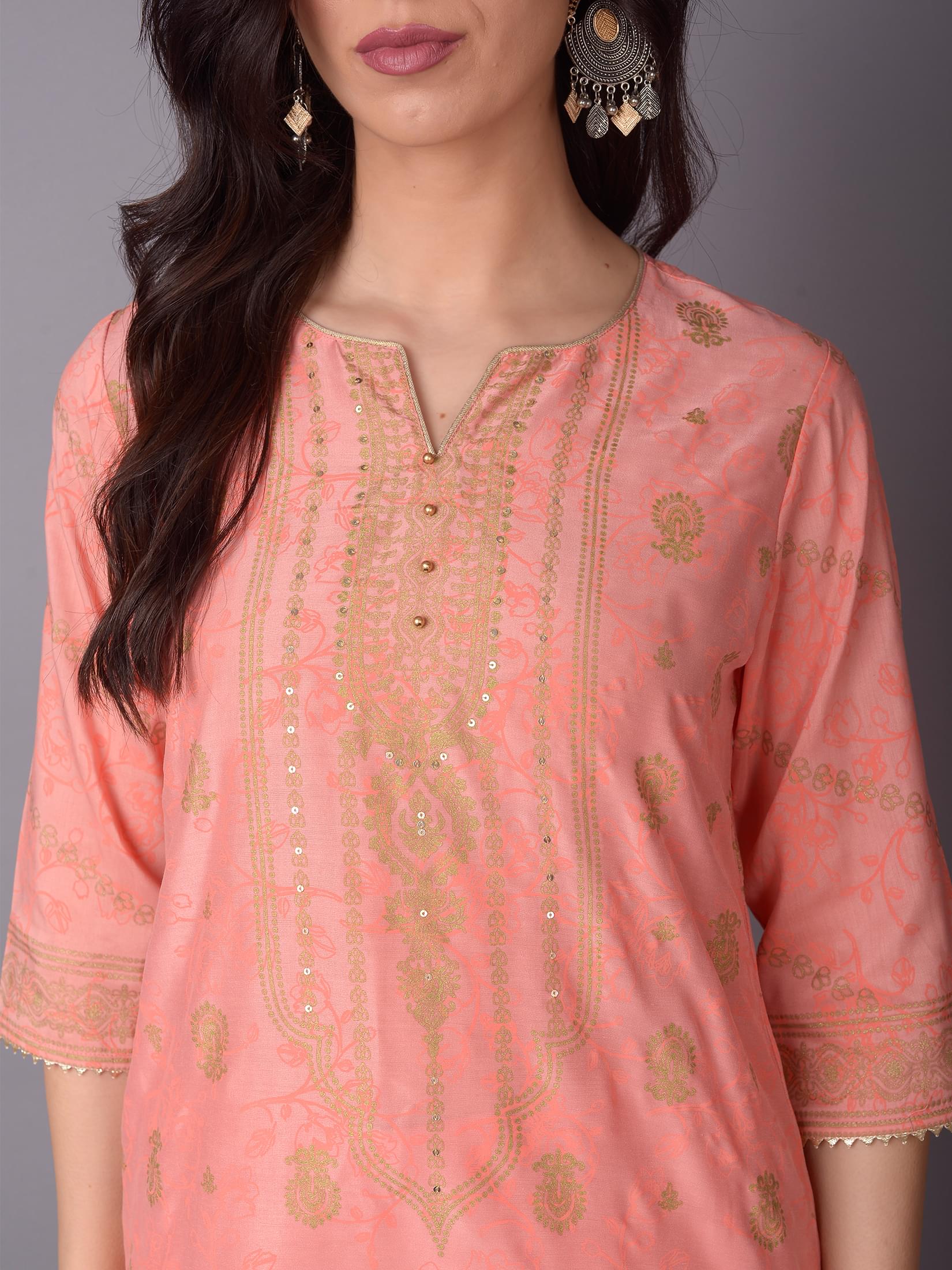 Women Pink Ornamental Printed Kurta With Wide Leg Pant.