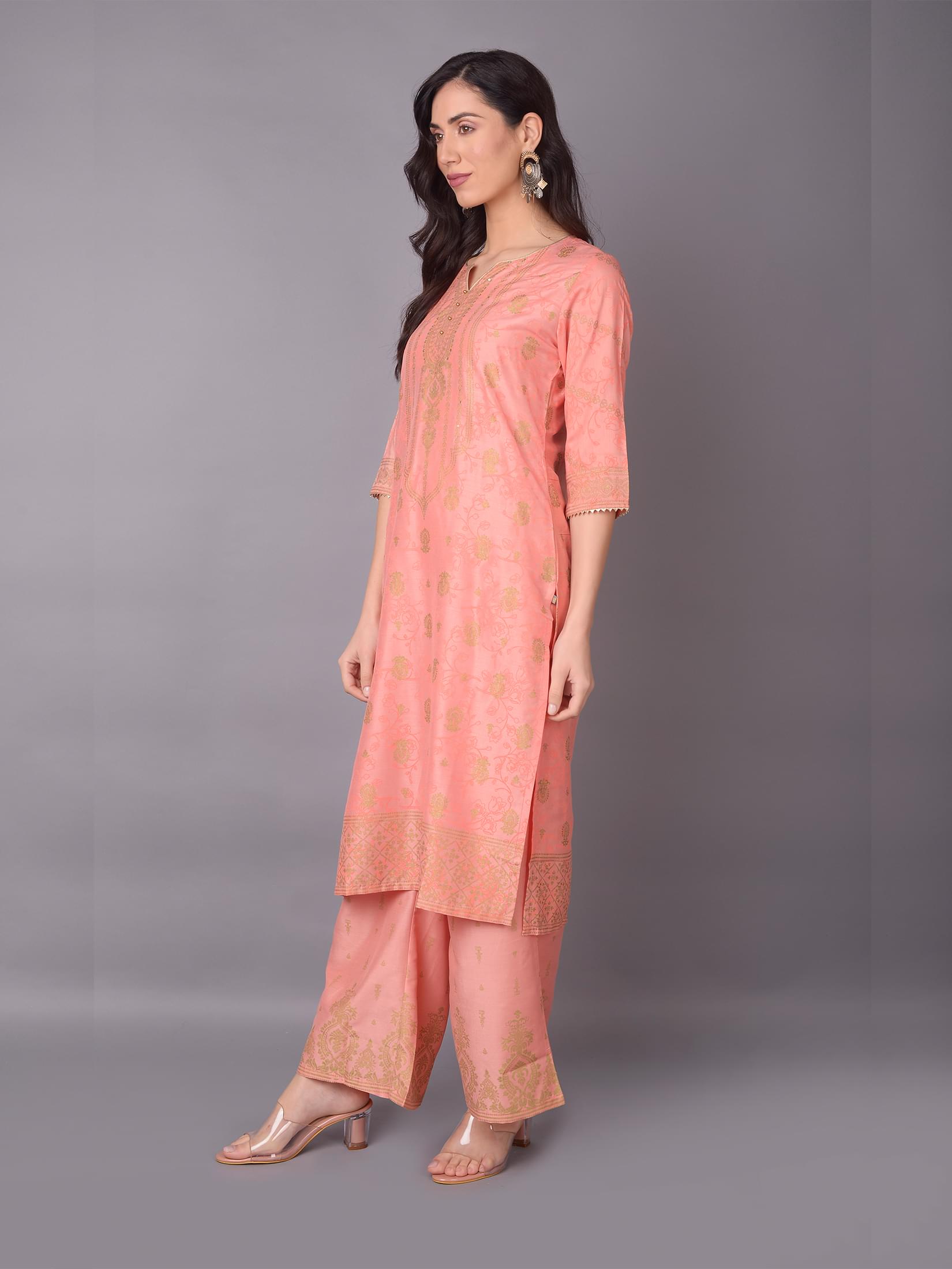 Women Pink Ornamental Printed Kurta With Wide Leg Pant.