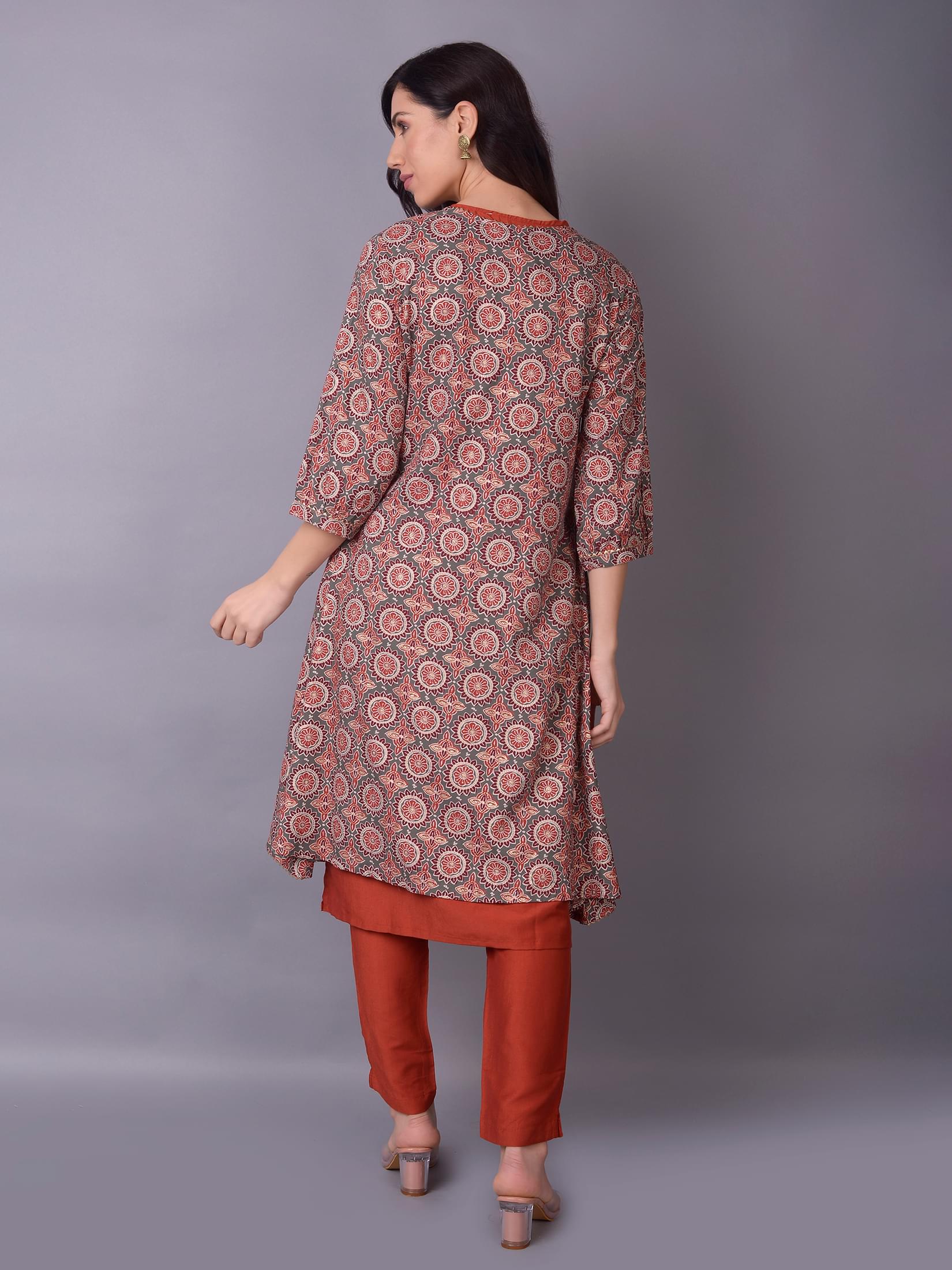 Women Grey Ornamental Printed Kurta Trouser Jacket.