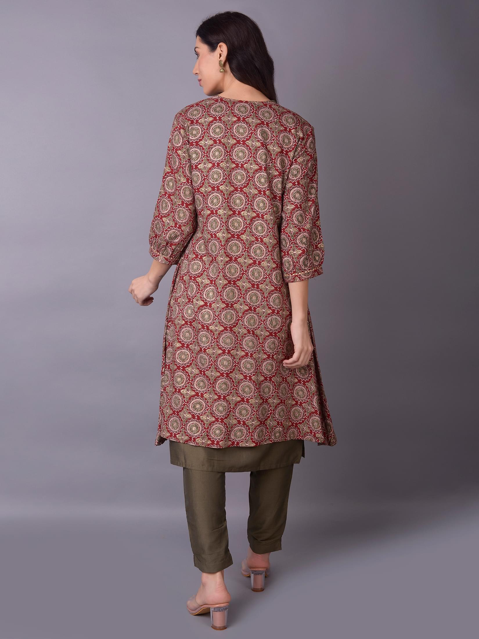 Women Maroon Ornamental Printed Kurta Trouser Jacket.