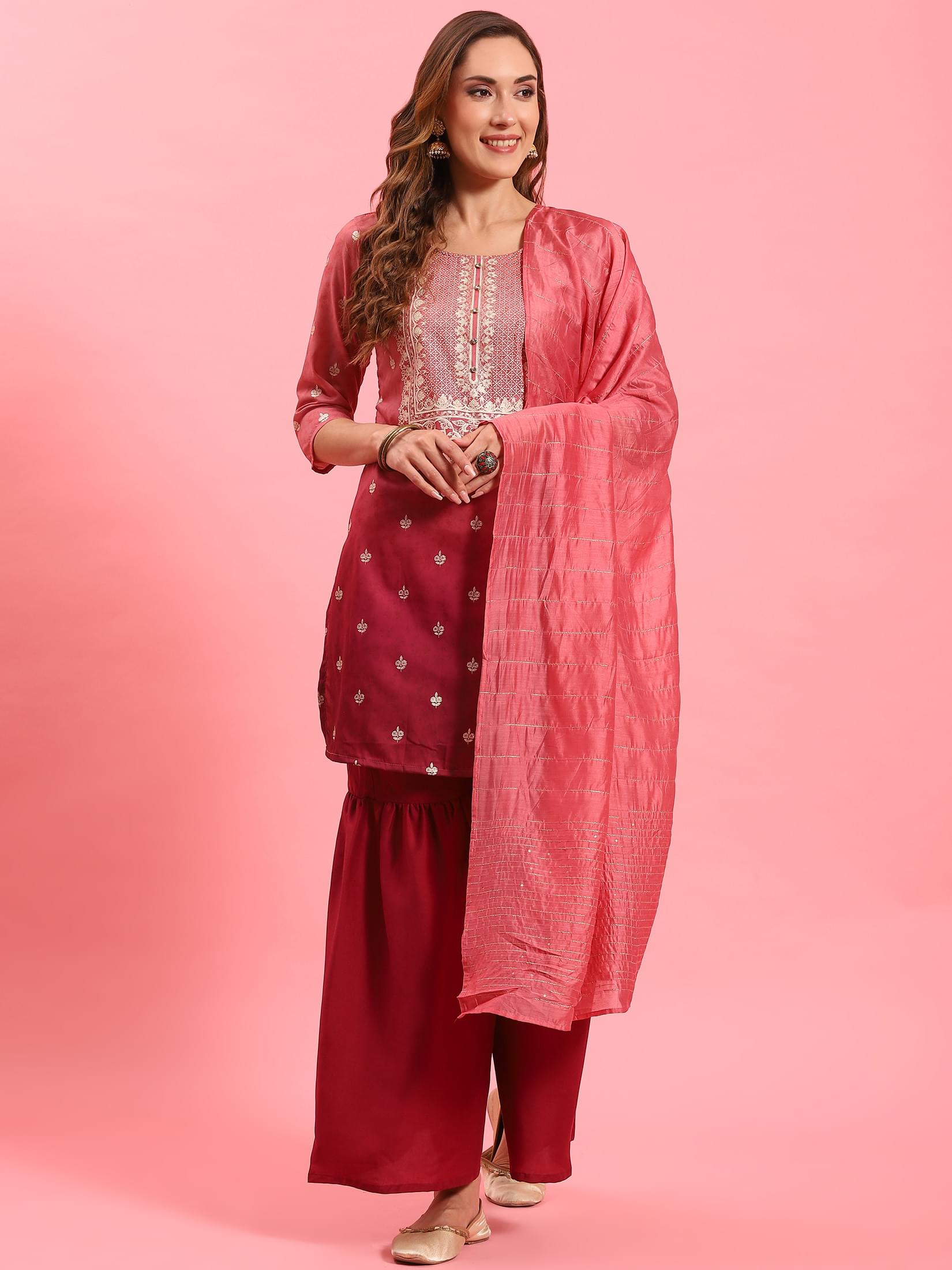 Women Pink Ornamental Printed Kurta Sharara Dupatta.