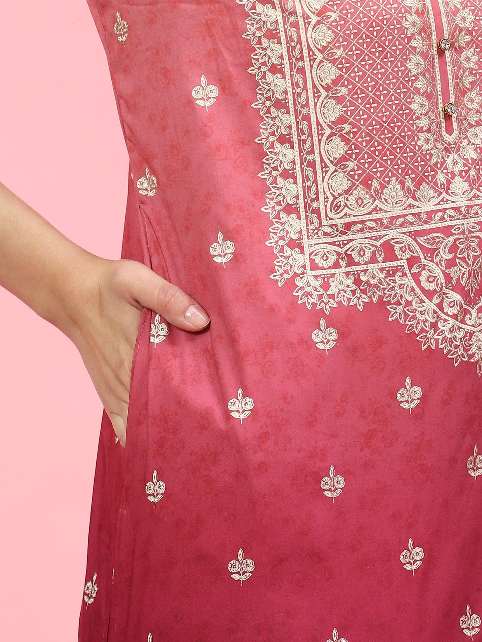 Women Pink Ornamental Printed Kurta Sharara Dupatta.