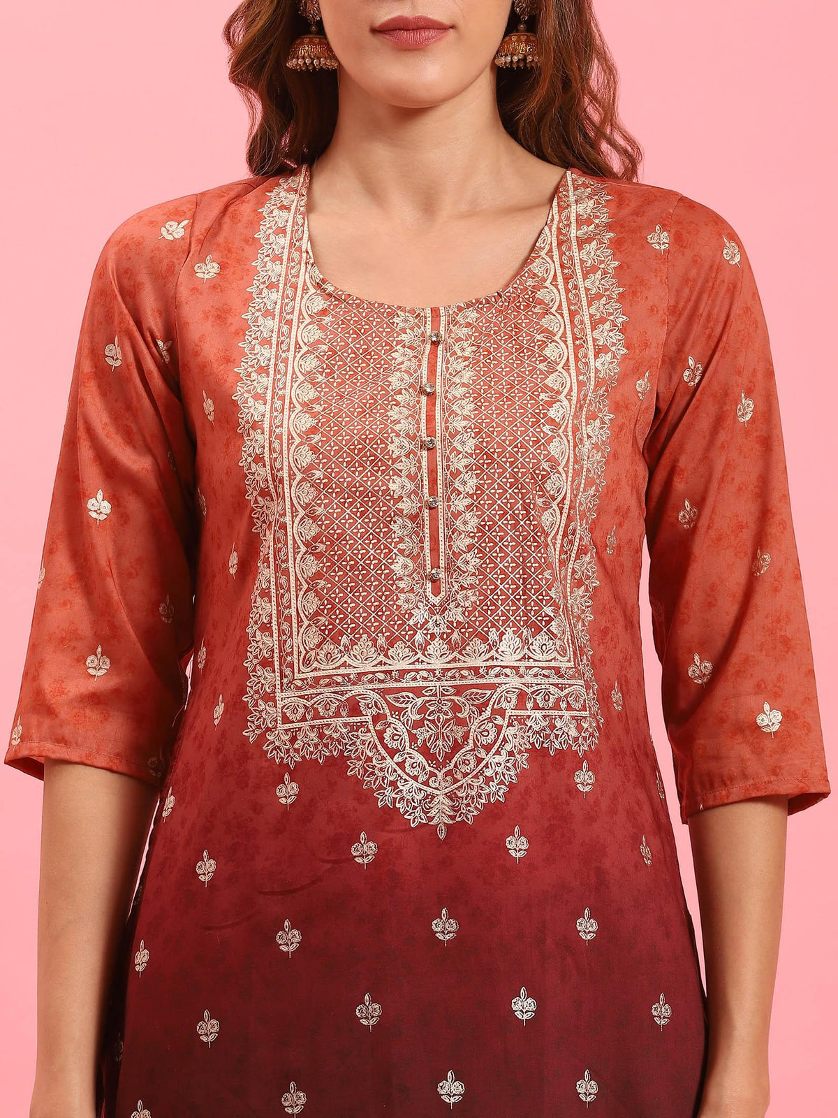 Women Rust Ornamental Printed Kurta Sharara Dupatta.