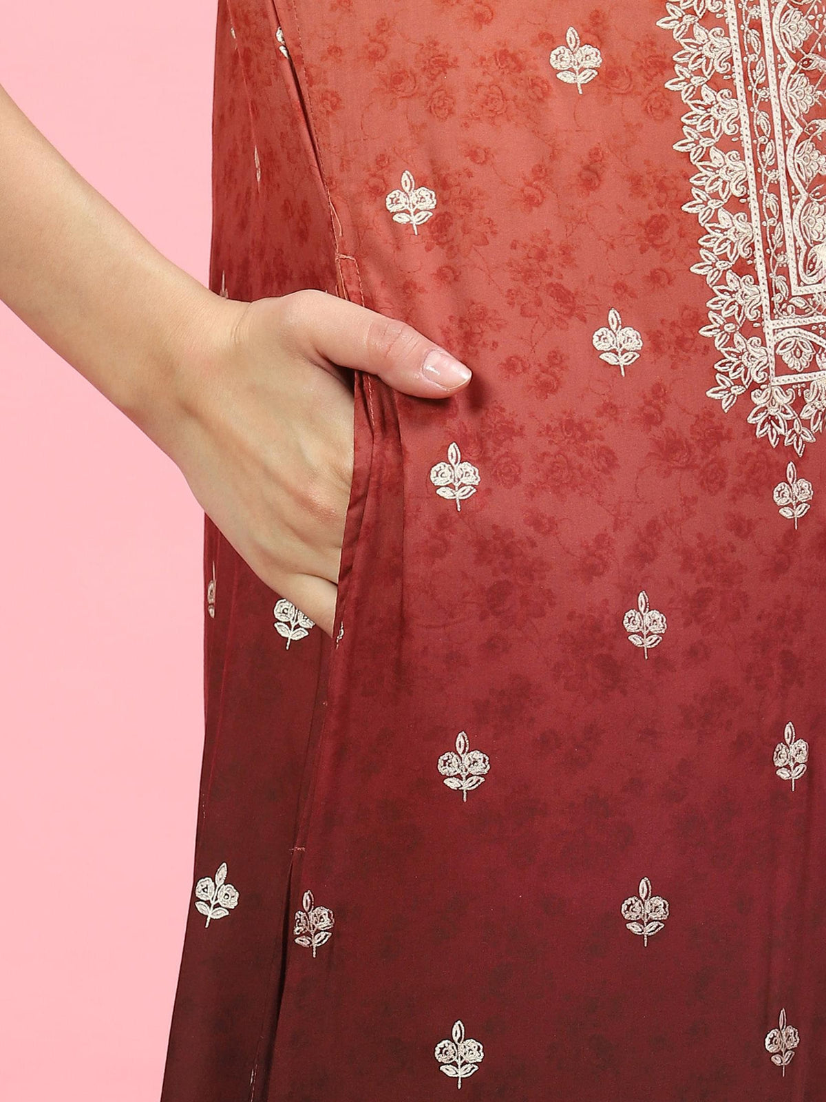 Women Rust Ornamental Printed Kurta Sharara Dupatta.