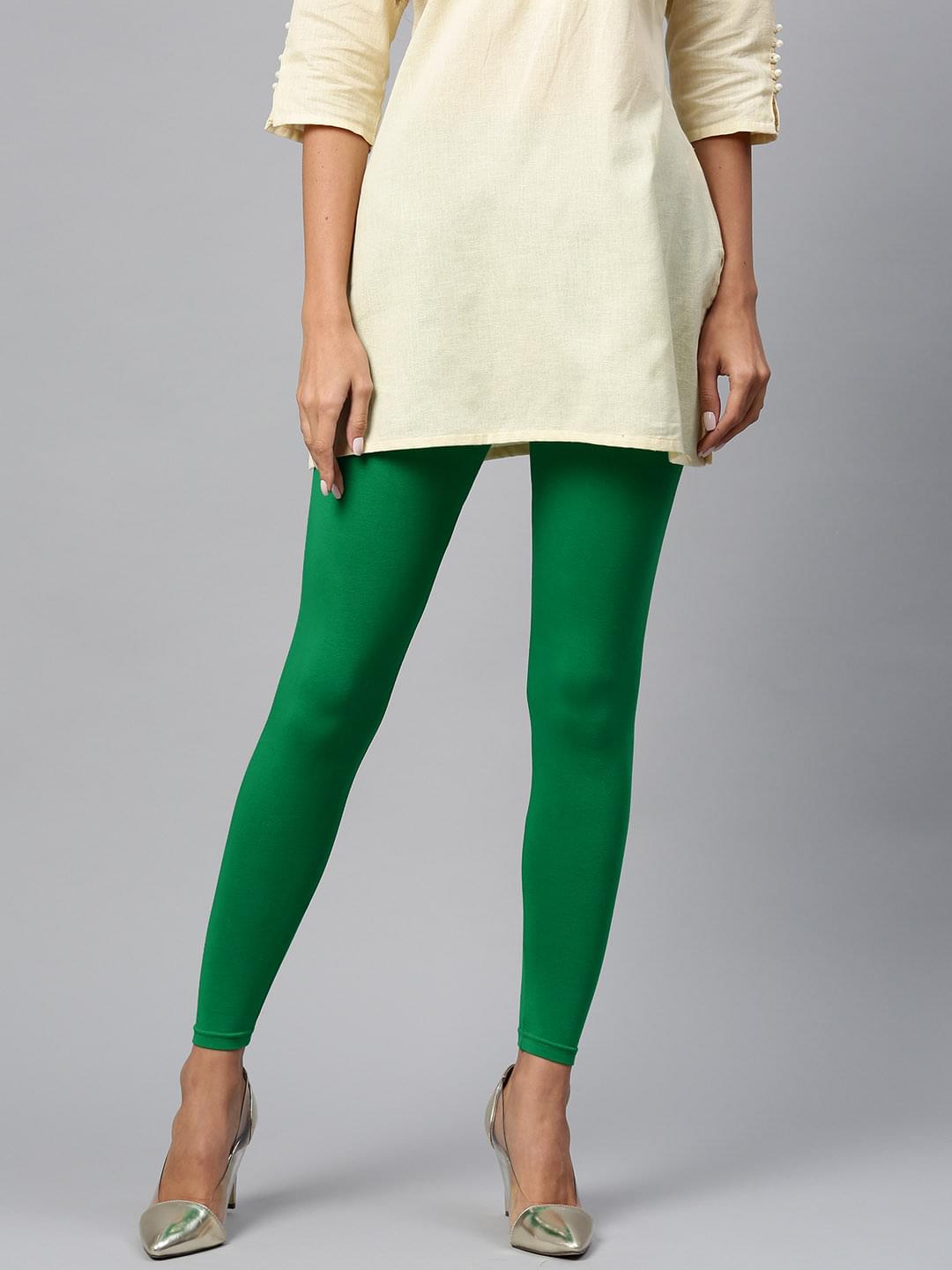 Green Solid Ankle-Length Leggings.