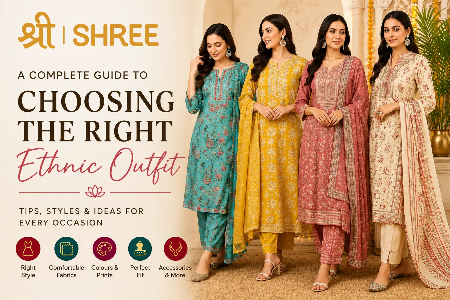 SHREE ethnic wear guide featuring women in stylish ethnic outfits for different occasions