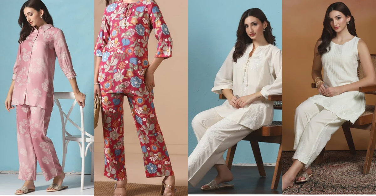 Women's co-ord sets in cotton and rayon fabric, floral and solid prints