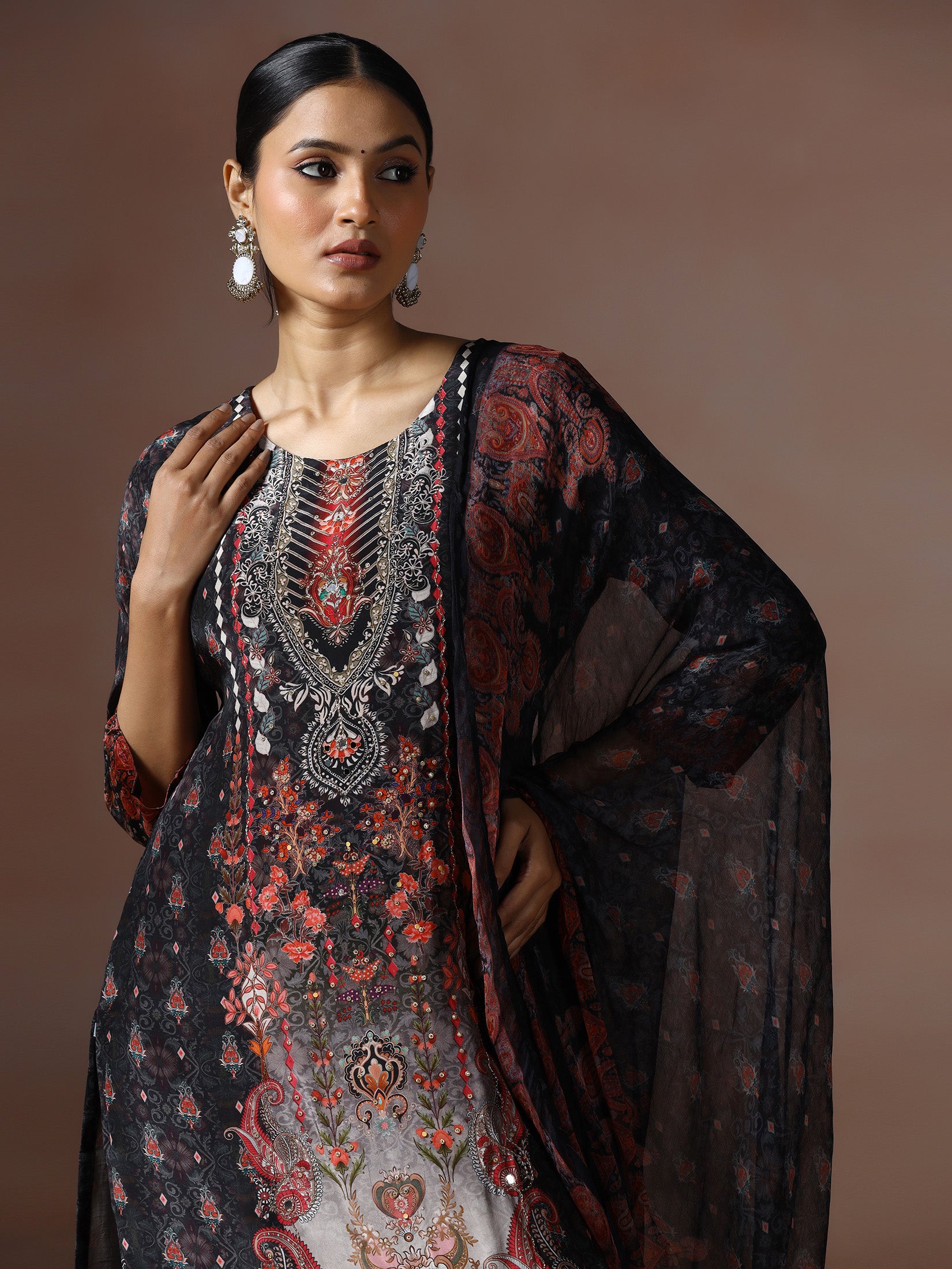 Women Natural Crepe Black Printed Kurta Comfort Pant Dupatta