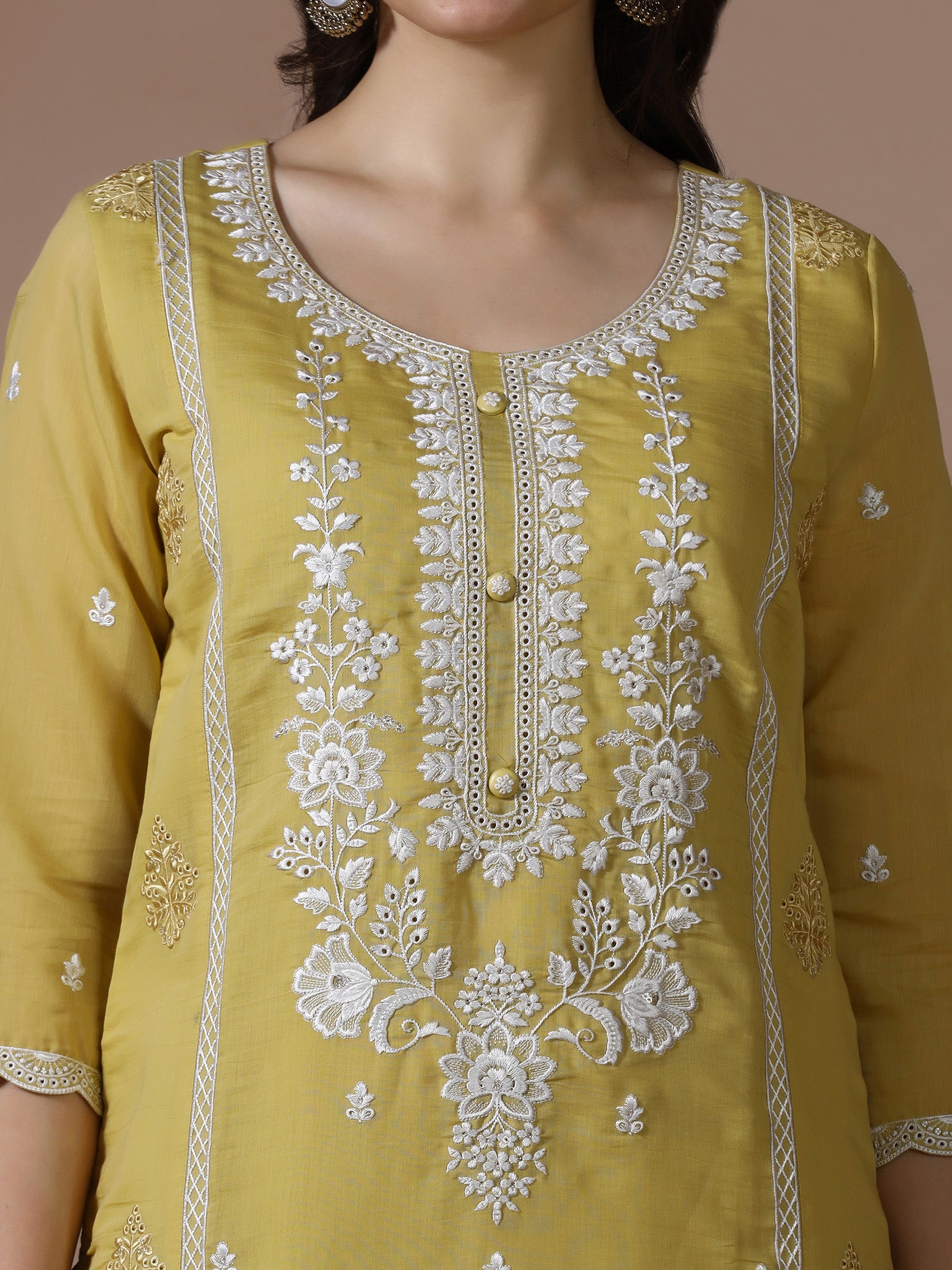 Women Mul Chanderi Mustard Embroidered Kurta Comfort Pant Dupatta