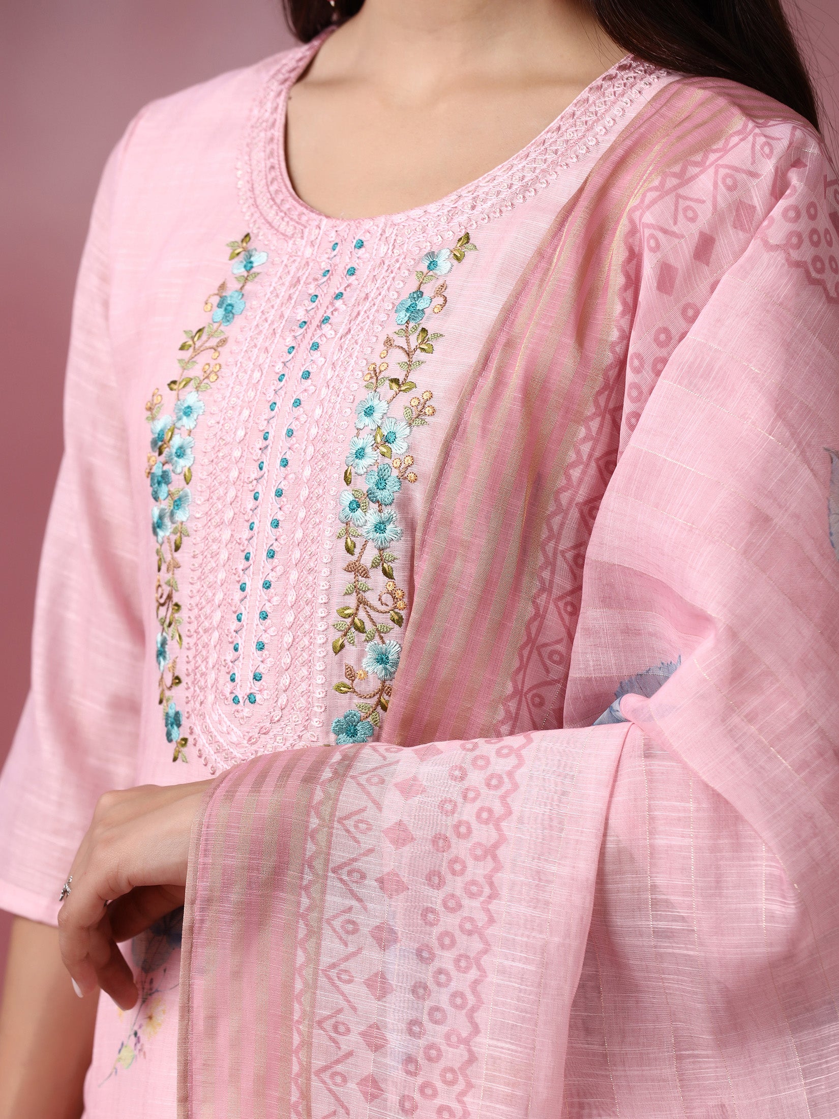 Women Viscose Pink Embroidered Kurta Trouser Pant Dupatta