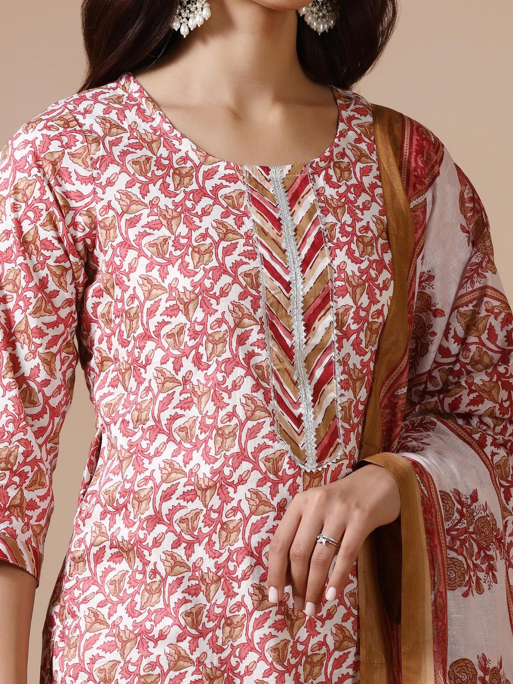 Women Cotton Maroon Printed Kurta Trouser Dupatta.