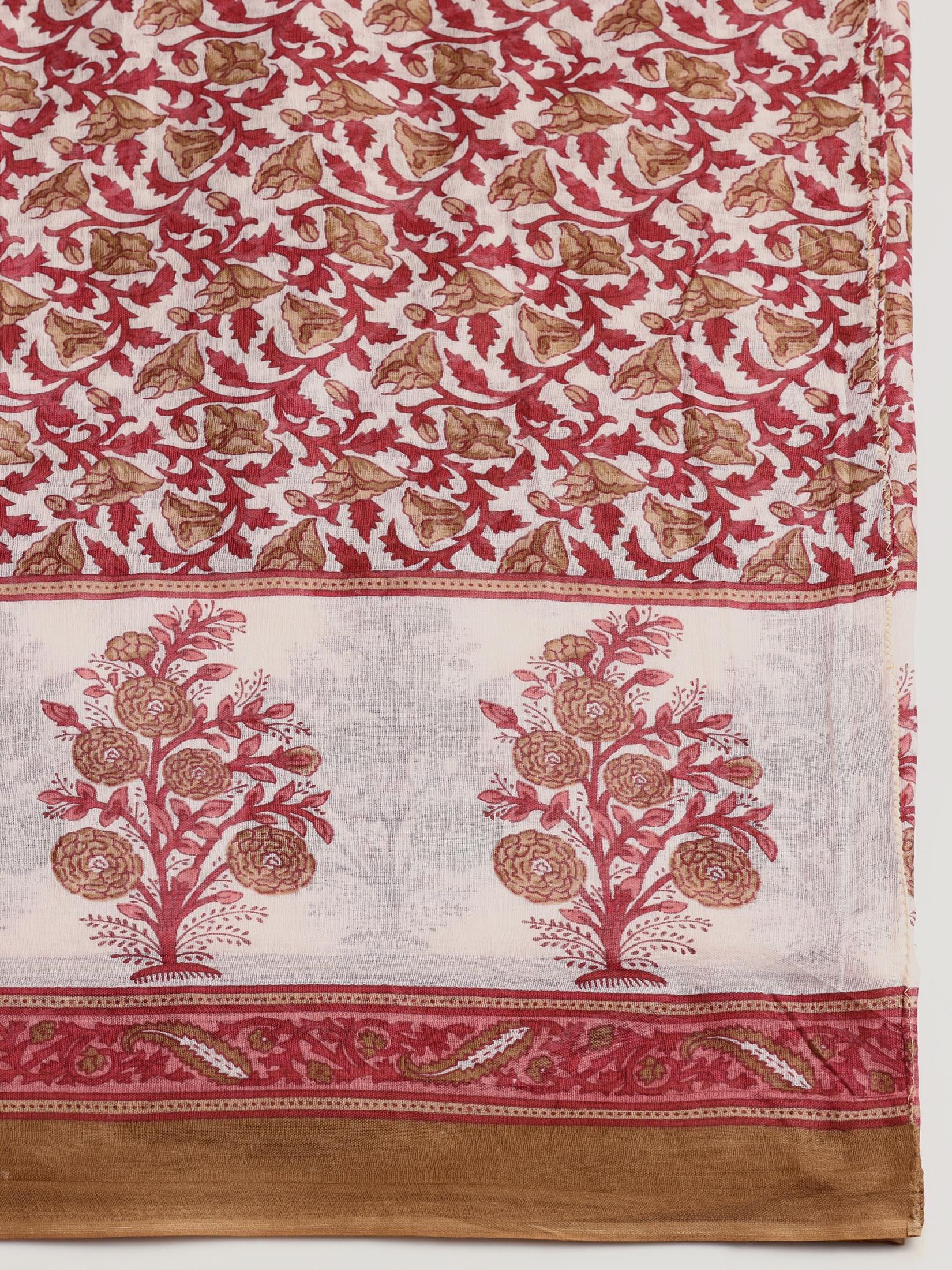Women Cotton Maroon Printed Kurta Trouser Dupatta.