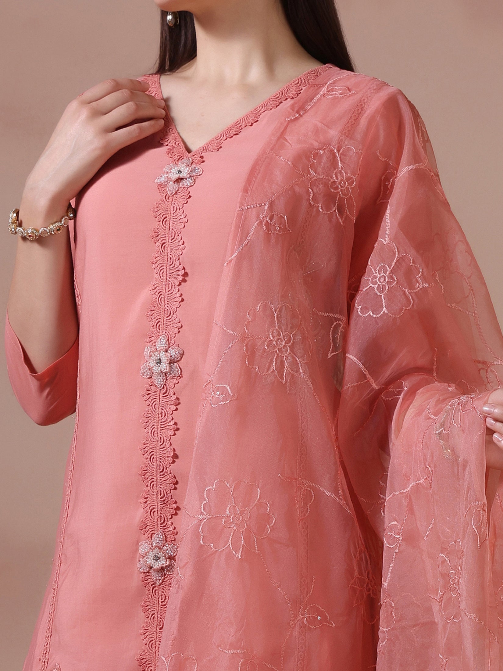 Women Mul Chanderi Peach Embroidered Kurta Trouser Dupatta