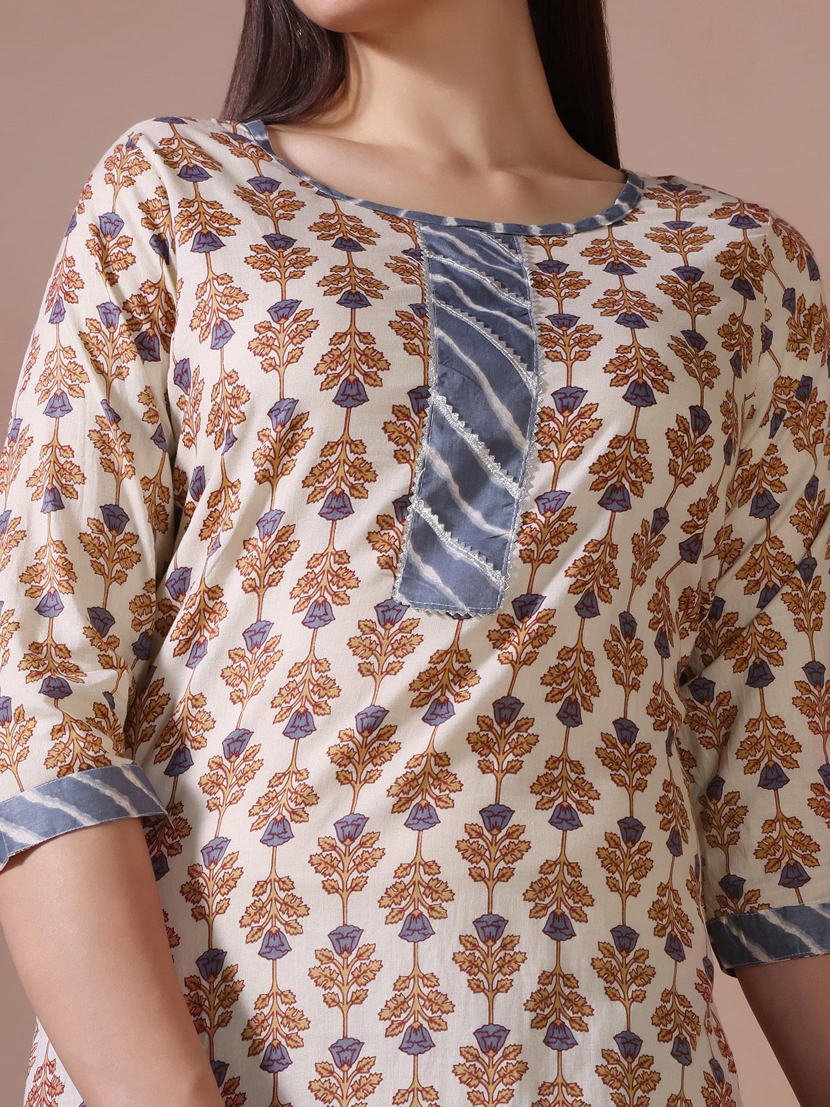Women Cotton Cream Printed Kurta Trouser Dupatta.
