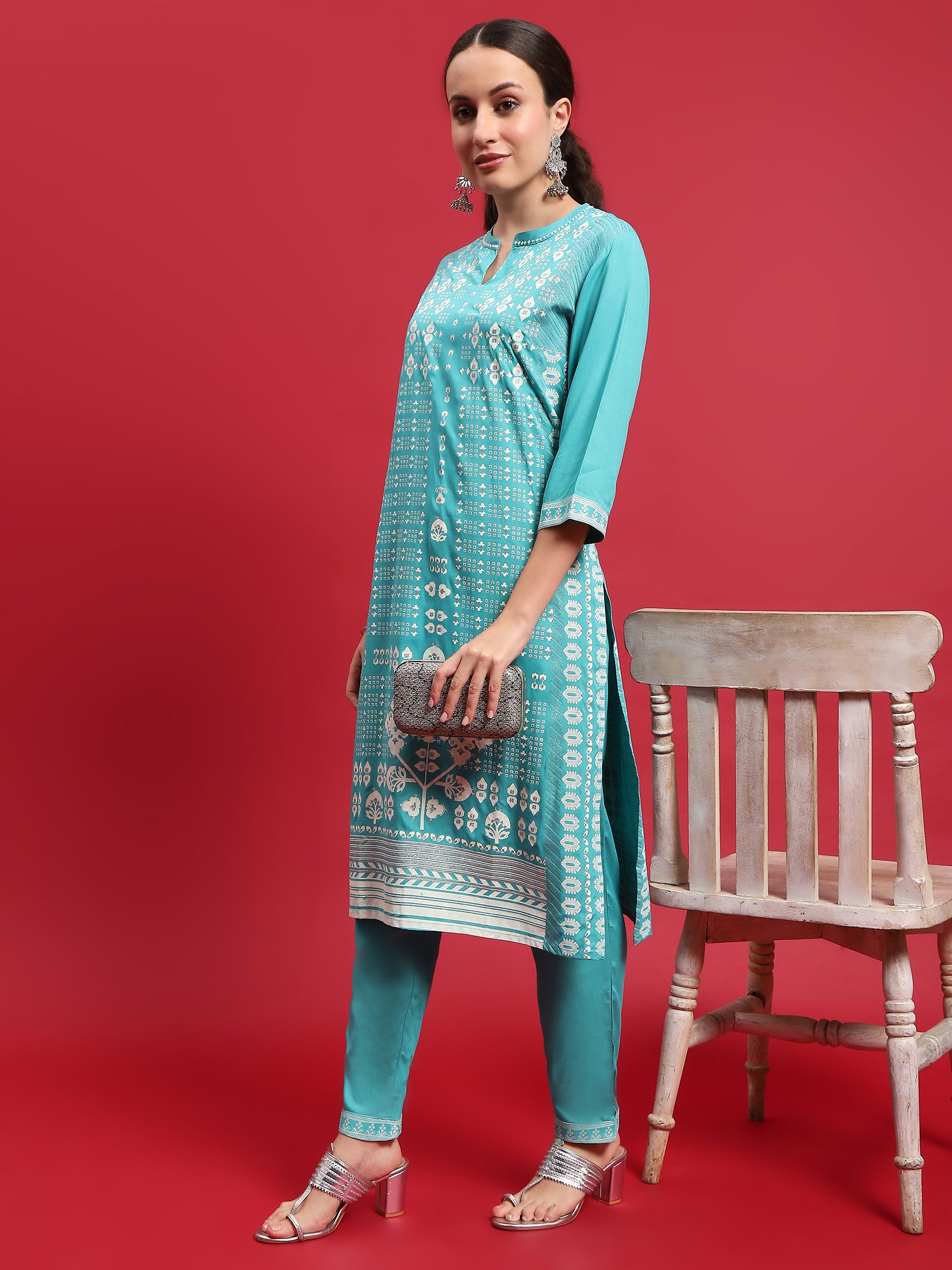 Indiessence Women Liva (Rayon) Turquoise Blue Ornamental Print Kurta With Trouser