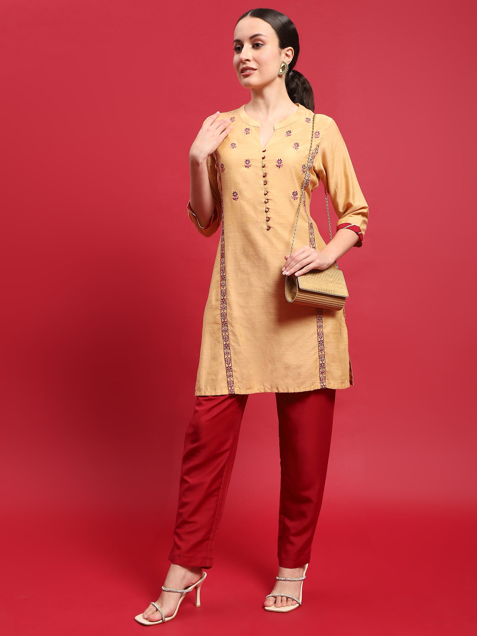 Indiessence Women Poly Silk Beige Embroidered Kurta With Trouser