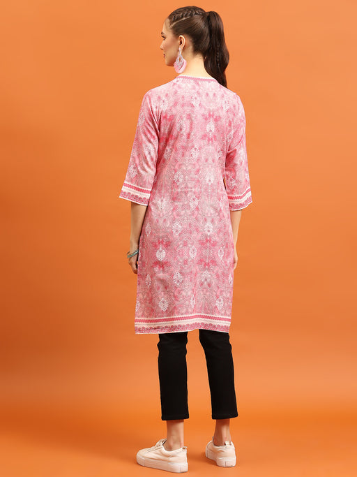 Pink Woolen Abstract Printed Outer Design Kurti With Woolen Leggings For  Women