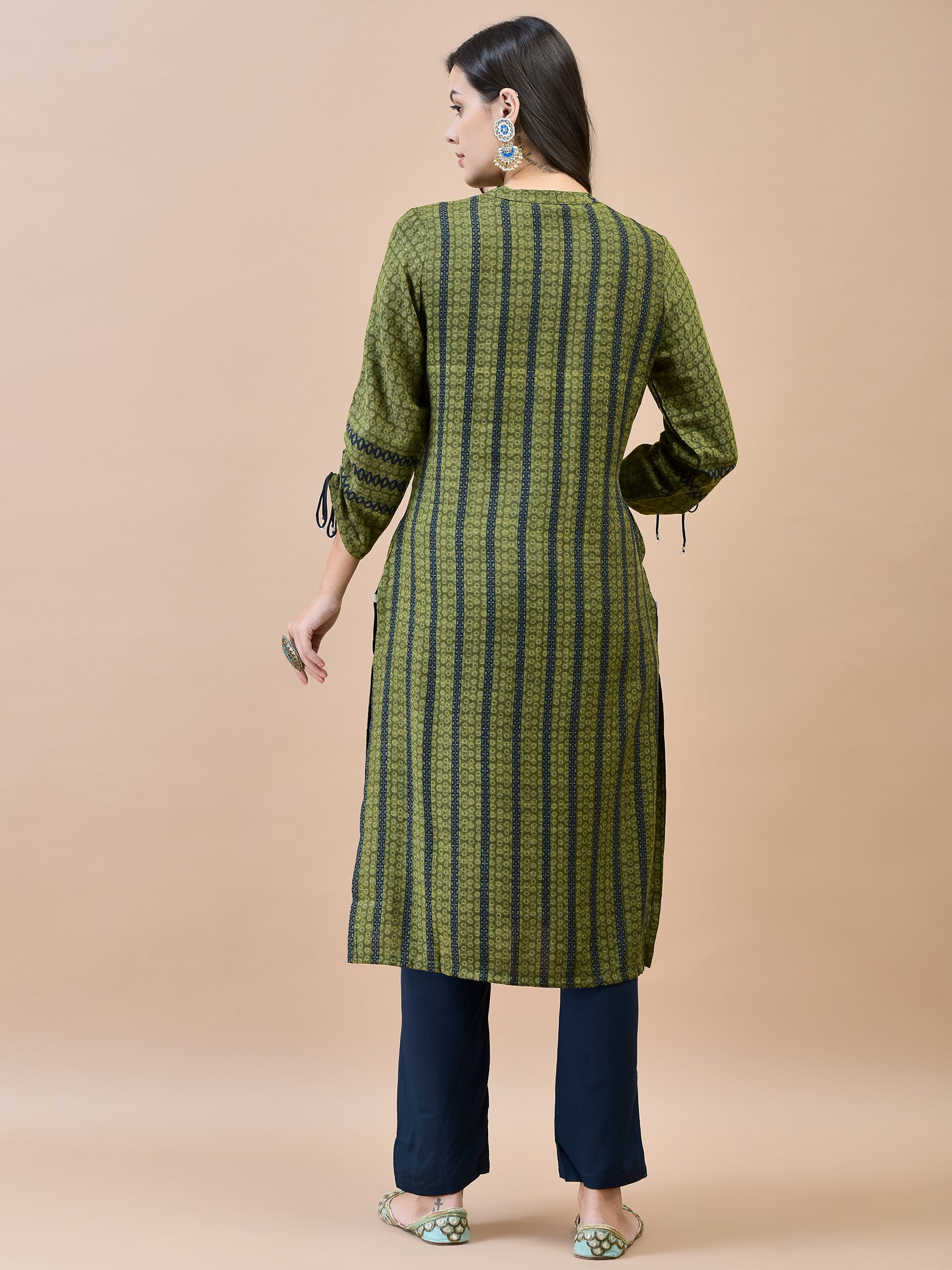 Women Liva Rayon Olive Printed Kurta