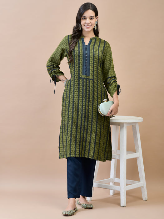 Women Liva Rayon Olive Printed Kurta