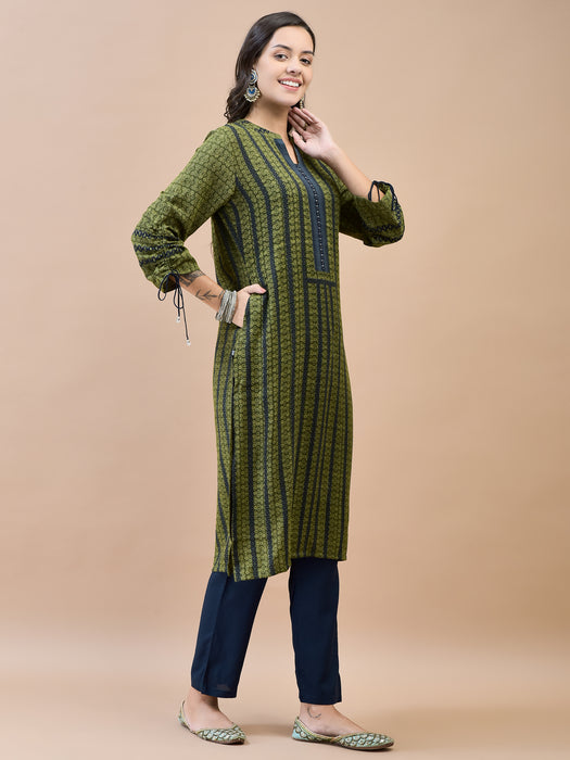 Women Liva Rayon Olive Printed Kurta