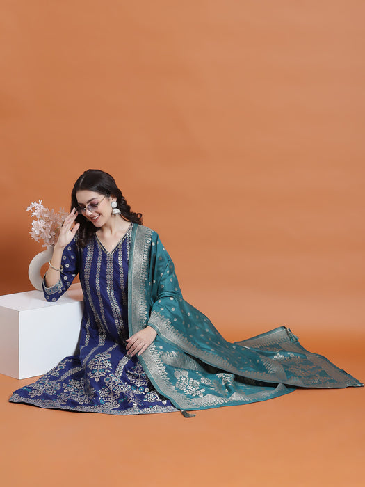 Women Blue Printed Dress With Dupatta