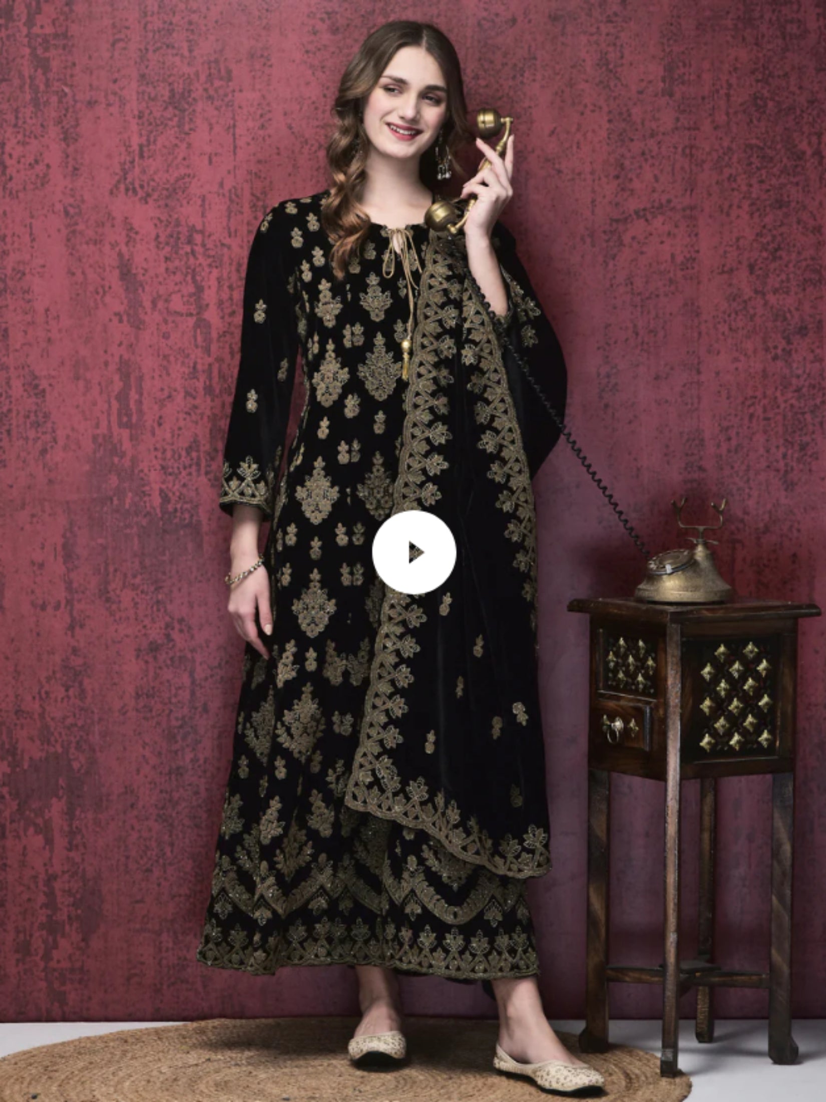 Women Winter Velvet Black Ornamental Print Dress With Dupatta