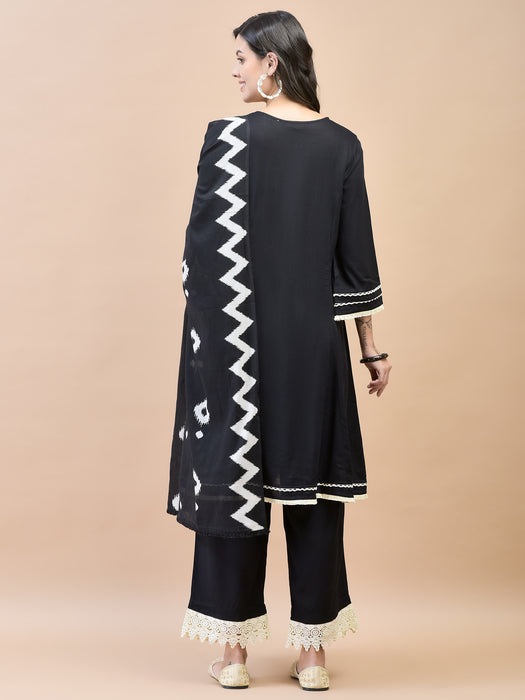 Women Rayon Black Kurta Comfort Pant Dupatta