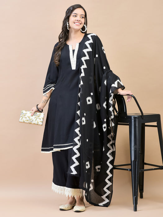 Women Rayon Black Kurta Comfort Pant Dupatta