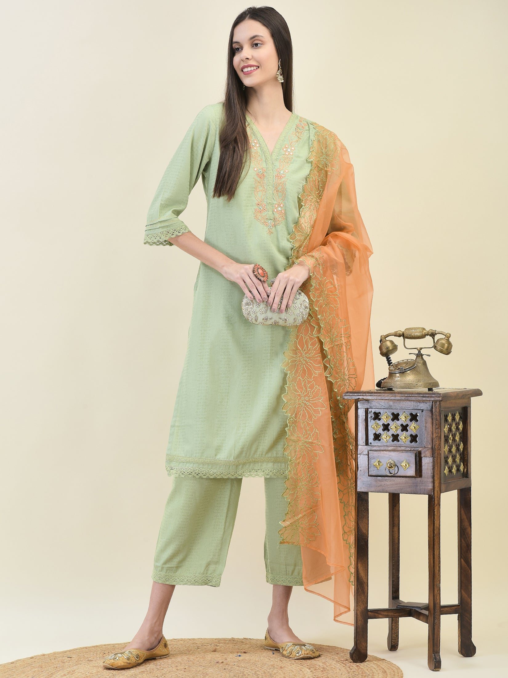 Women Poly Viscose Green Embroidered Kurta Comfort Pant Dupatta