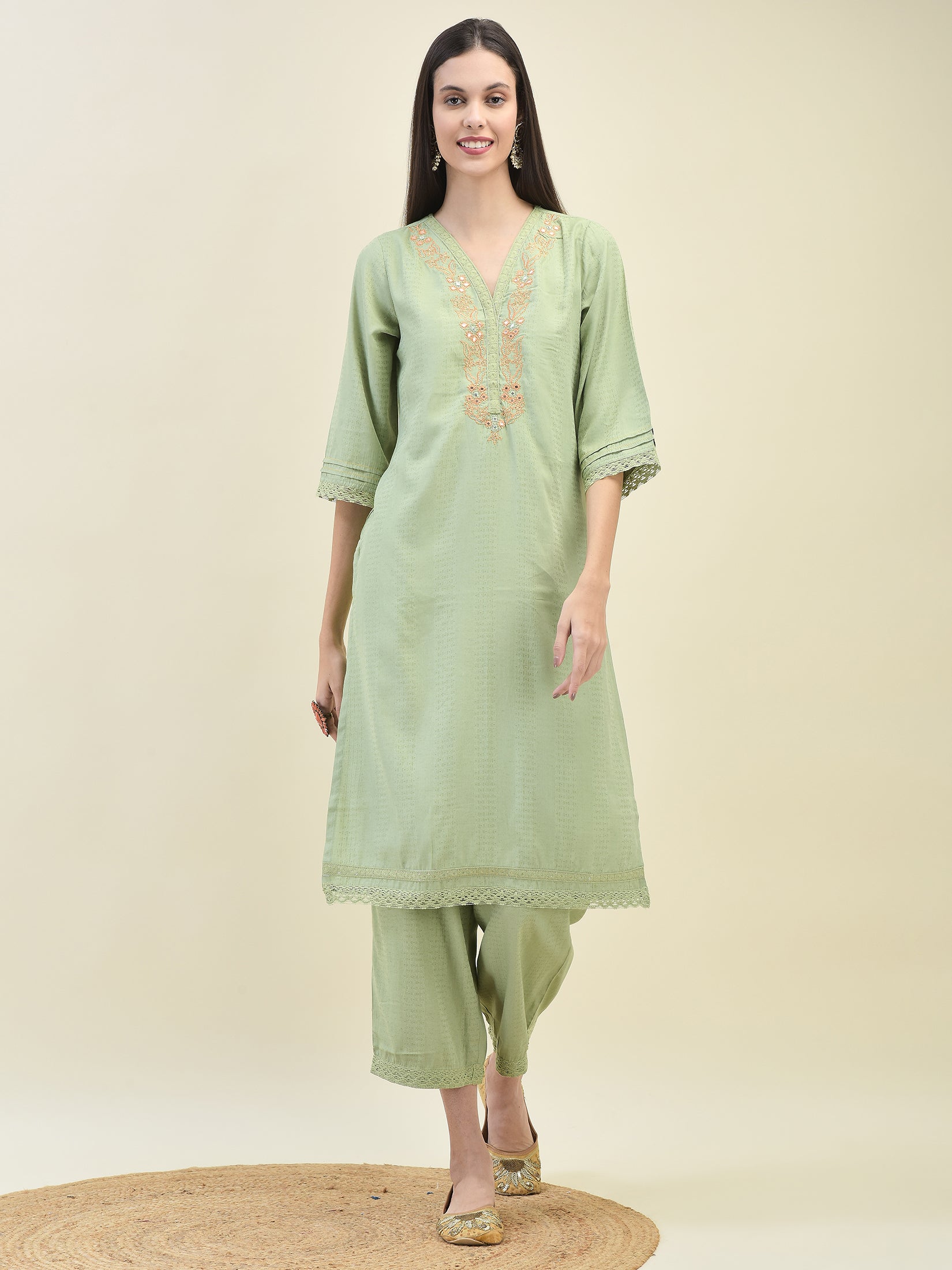 Women Poly Viscose Green Embroidered Kurta Comfort Pant Dupatta