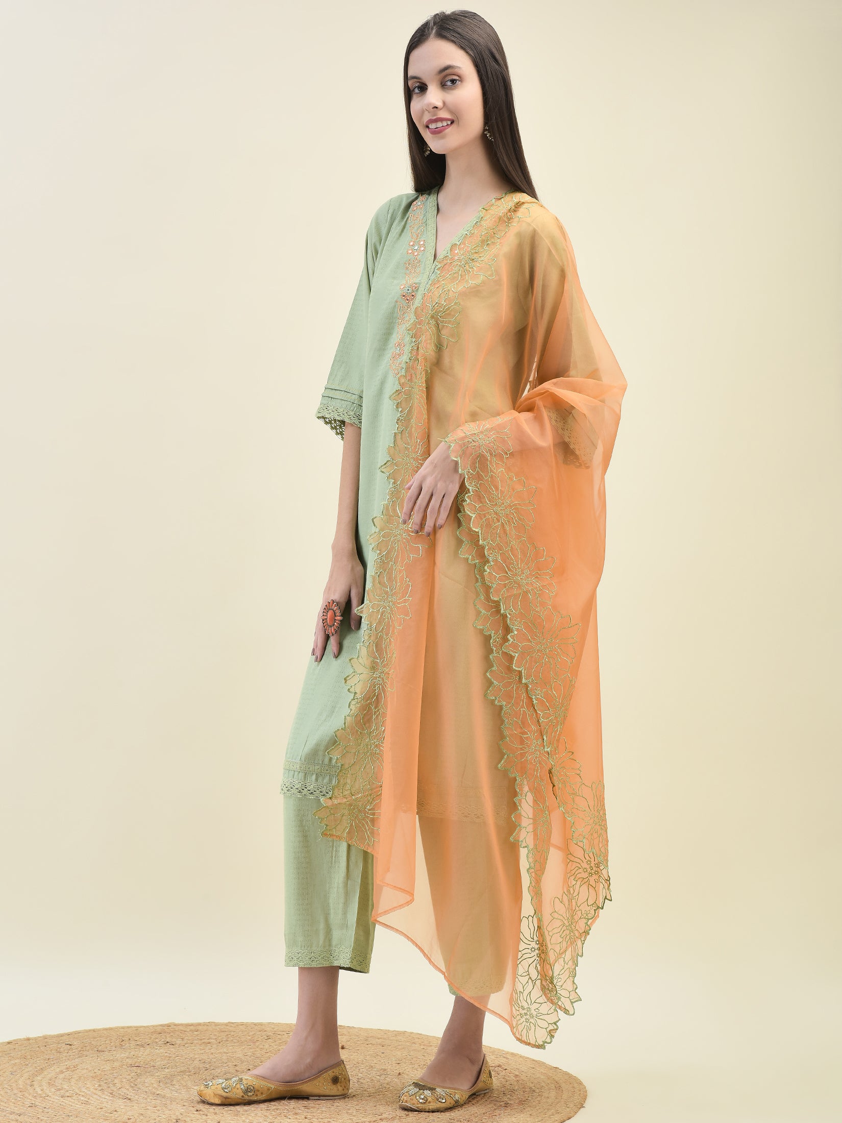 Women Poly Viscose Green Embroidered Kurta Comfort Pant Dupatta