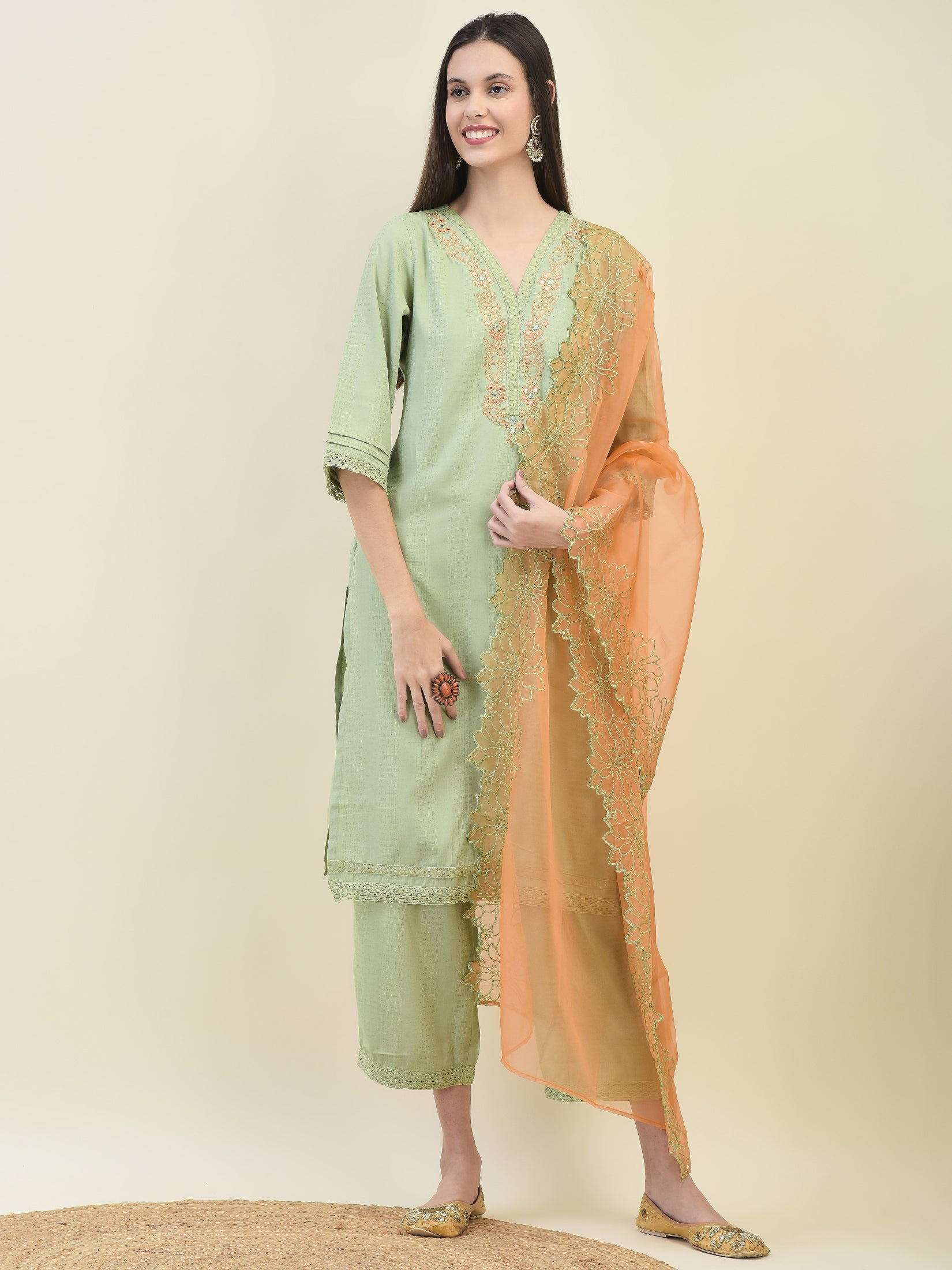 Women Poly Viscose Green Embroidered Kurta Comfort Pant Dupatta