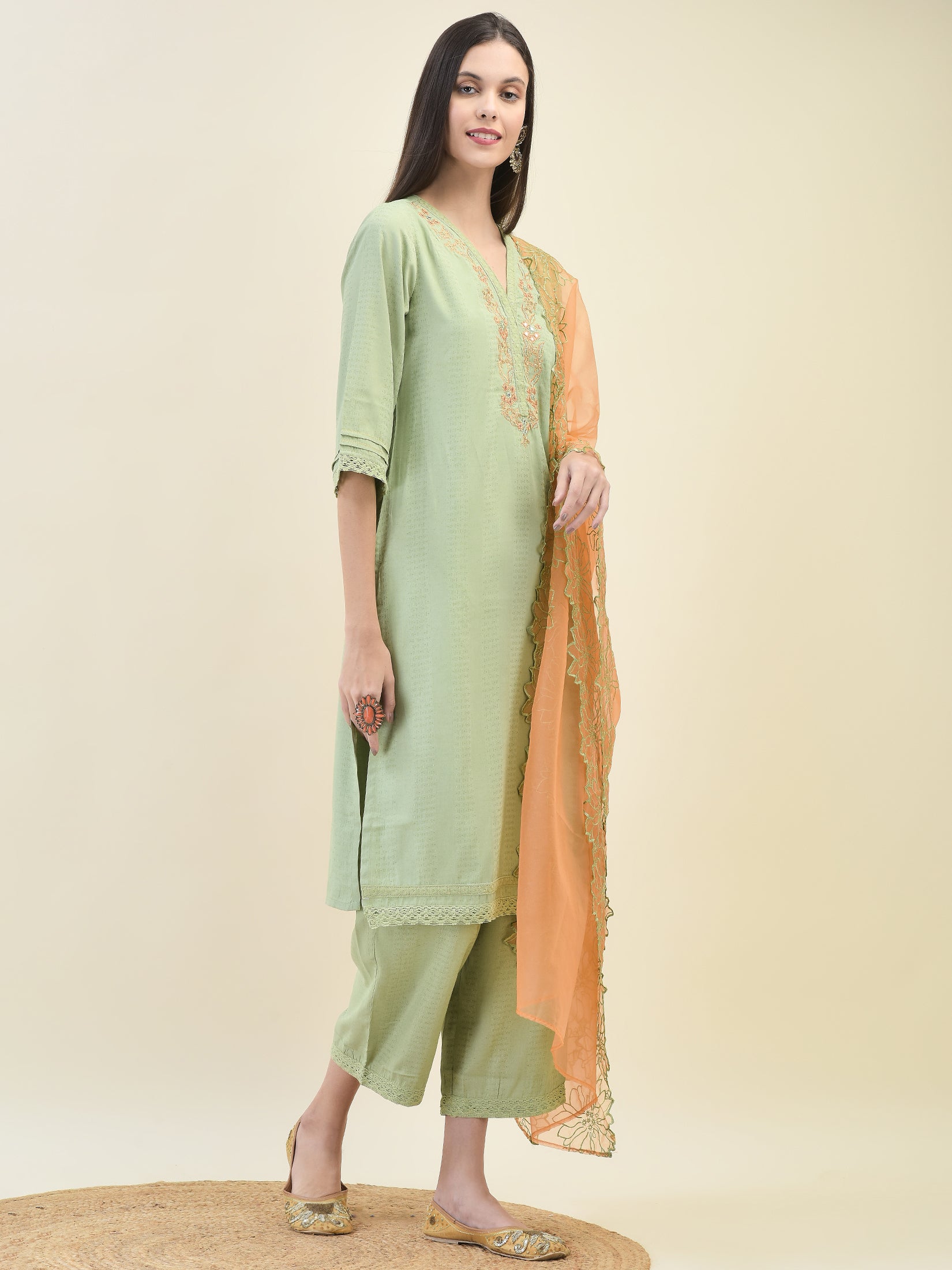 Women Poly Viscose Green Embroidered Kurta Comfort Pant Dupatta