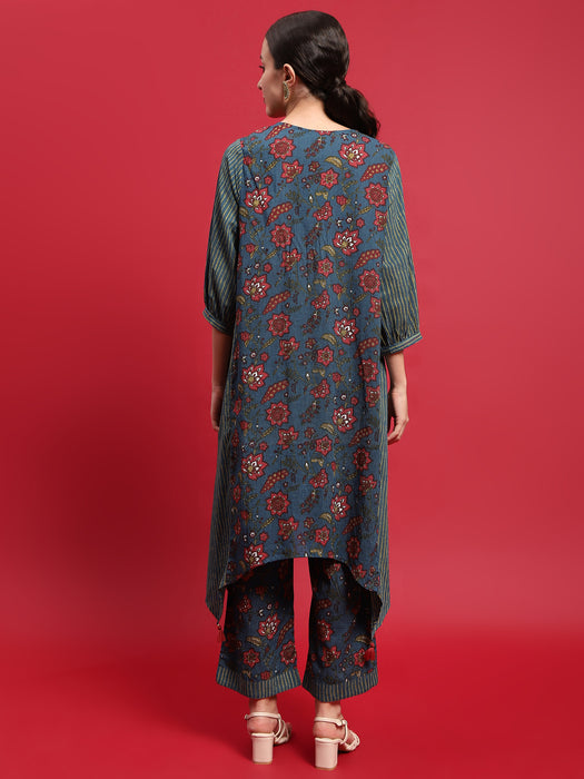 Women Cotton Blue Floral Print Kurta With Comfort Pant