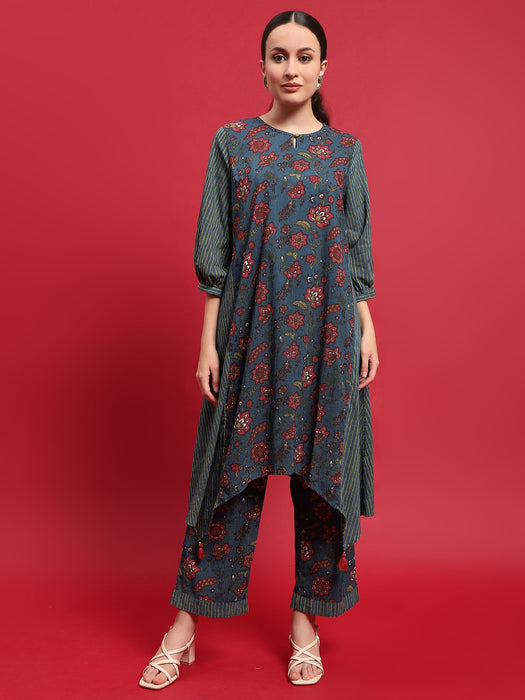 Women Cotton Blue Floral Print Kurta With Comfort Pant