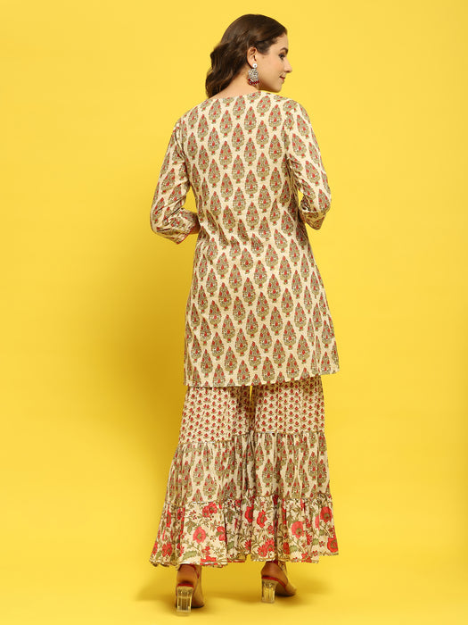 Women Cambric White Multi Kurta With Sharara