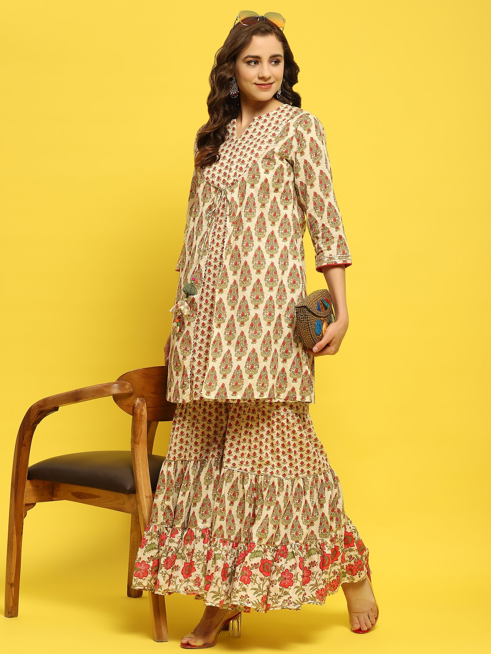 Women Cambric White Multi Kurta With Sharara