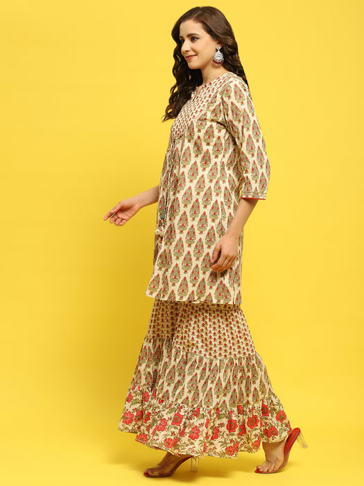 Women Cambric White Multi Kurta With Sharara