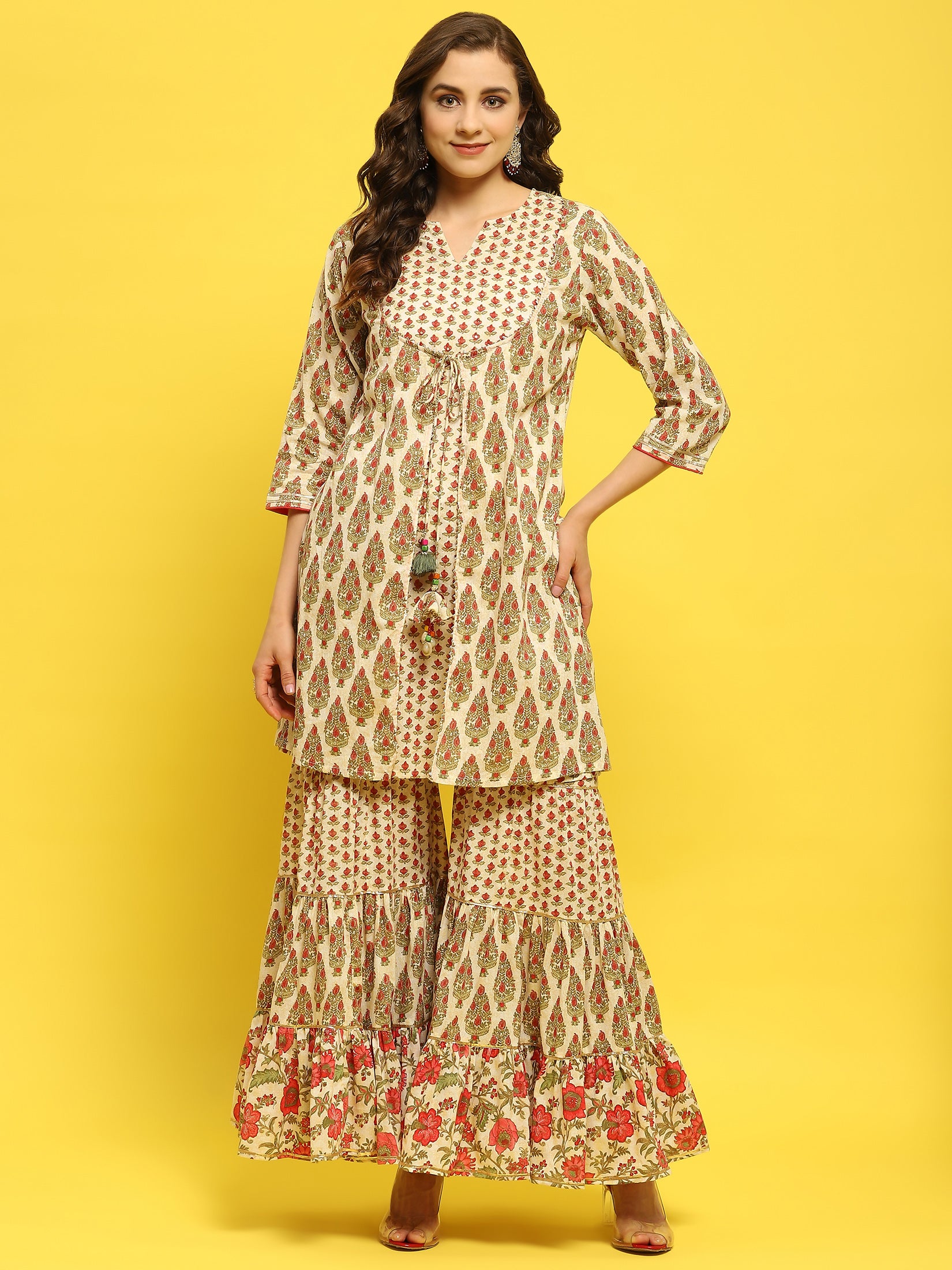 Women Cambric White Multi Kurta With Sharara